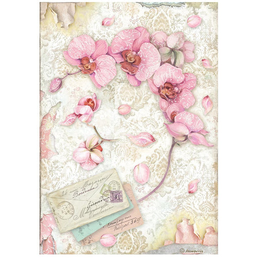 STAMPERIA A4 RICE PAPER PACKED - ORCHIDS AND CATS PINK ORCHID - DFSA4847