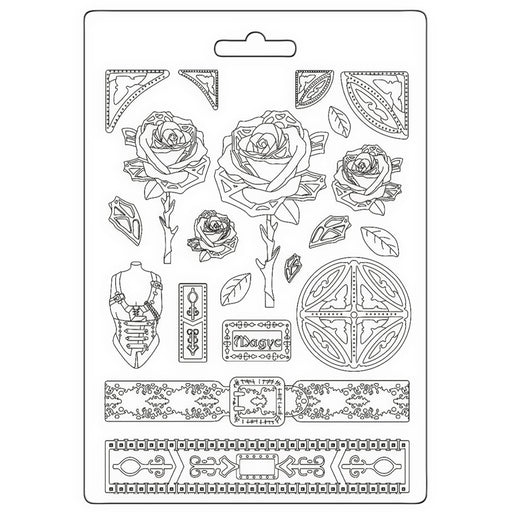 STAMPERIA SOFT MOULDS A4- SIR VAGABOND IN FANTASY WORLD MECHANICAL ROSE AND BORDERS