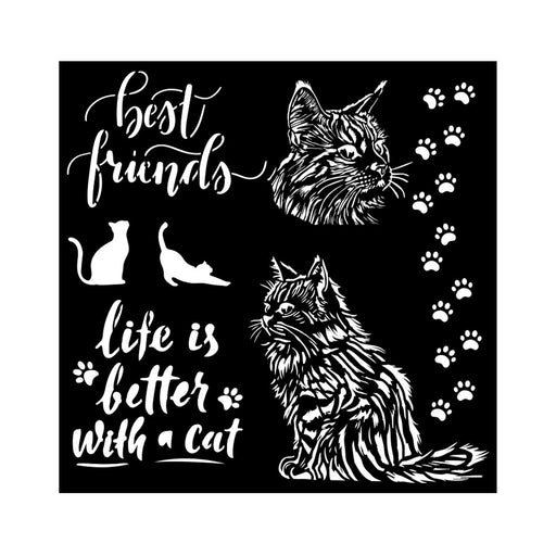 STAMPERIA STENCIL 18CM X 18CM - ORCHIDS AND CATS BEST FRIENDS