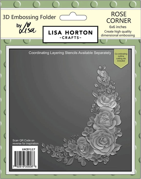 LISA HORTON CRAFTS ROSE CORNER 6X6 3D EMBOSSING FOLDER & DIE - LHCEF127