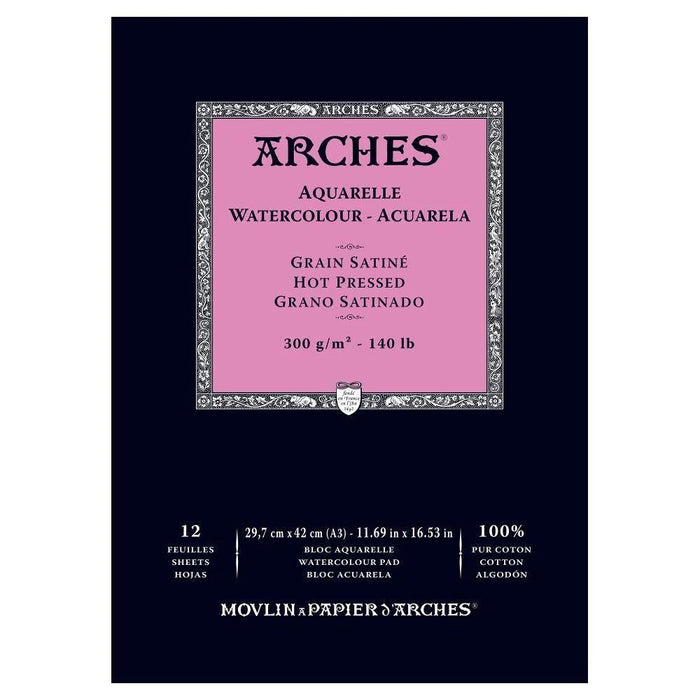 ARCHES 100% COTTON WATERCOLOUR PAD 300GSM HOT PRESS A3 SHEETS - A1795099