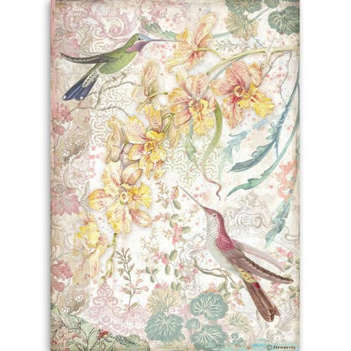 STAMPERIA A4 RICE PAPER YELLOW ORCHIDS AND BIRDS - DFSA4510