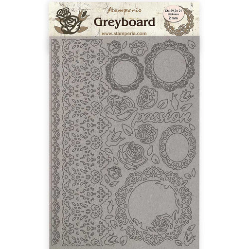 STAMPERIA A4 GREY BOARD 2MM PASSION LACE AND ROSES - KLSPDA424
