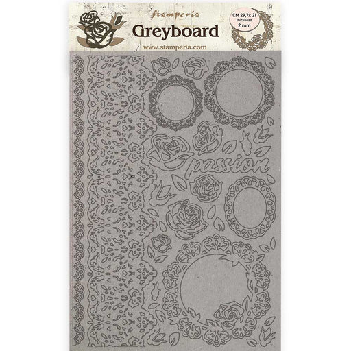 STAMPERIA A4 GREY BOARD 2MM PASSION LACE AND ROSES - KLSPDA424