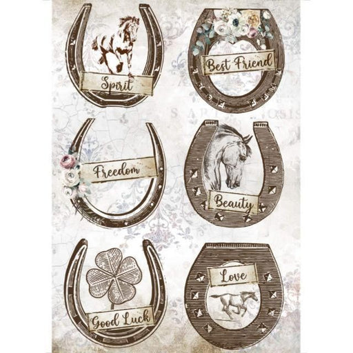 STAMPERIA A4 RICE PAPER ROMANTIC HORSES HORSESHOES - DFSA4583