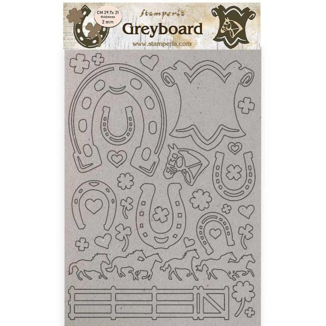 STAMPERIA A4 GREY BOARD 2MM - ROMANTIC HORSES HORSESHOES - KLSPDA435