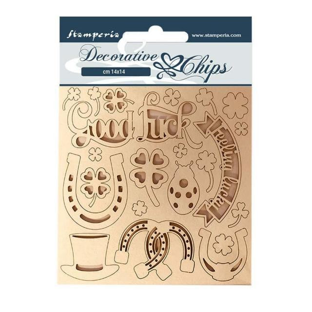 STAMPERIA DECORATIVE CHIPS 14 X 14CM GOOD LUCK - SCB99