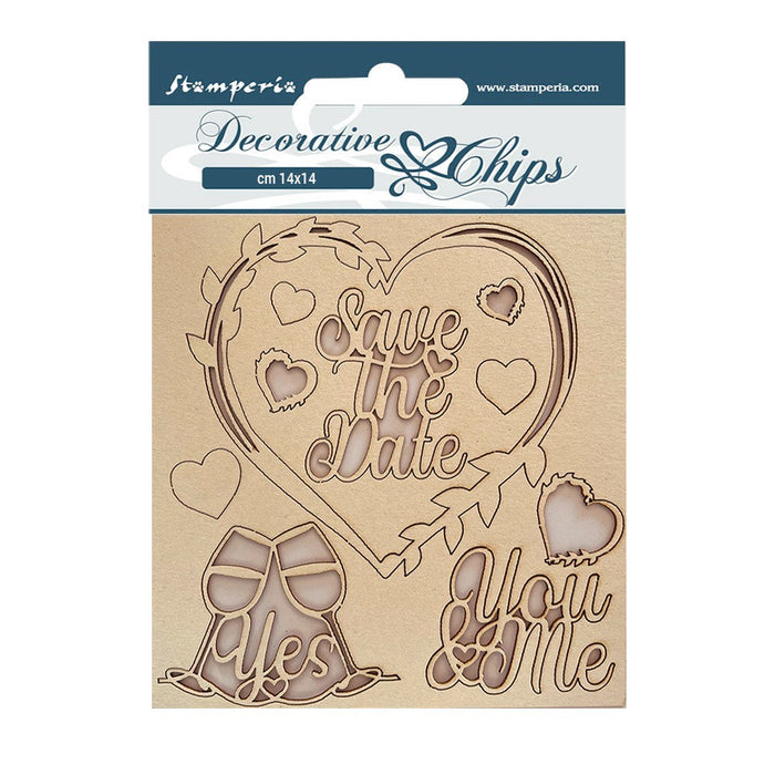 STAMPERIA DECORATIVE CHIPS 14 X 14CM YOU AND ME SAVE THE DAT - SCB136