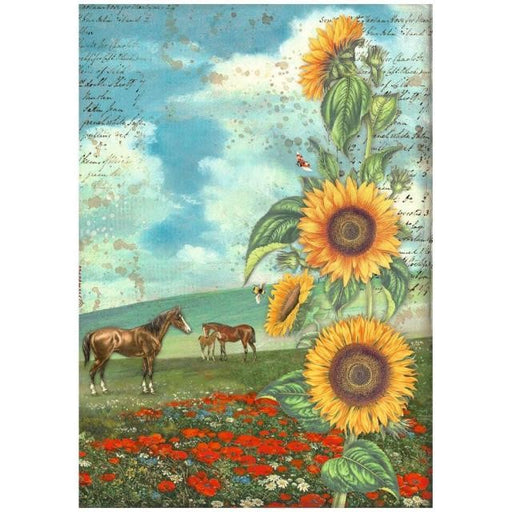 STAMPERIA A4 RICE PAPER PACKED - SUNFLOWER ART AND HORSES - DFSA4767