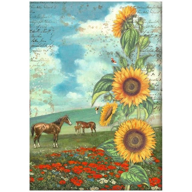 STAMPERIA A4 RICE PAPER PACKED - SUNFLOWER ART AND HORSES - DFSA4767
