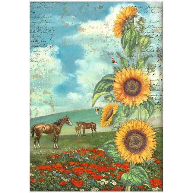 STAMPERIA A4 RICE PAPER PACKED - SUNFLOWER ART AND HORSES - DFSA4767