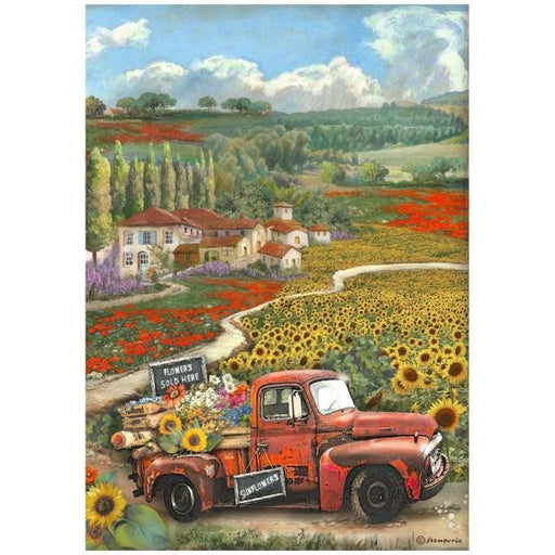 STAMPERIA A4 RICE PAPER PACKED - SUNFLOWER ART VINTAGE CAR - DFSA4769