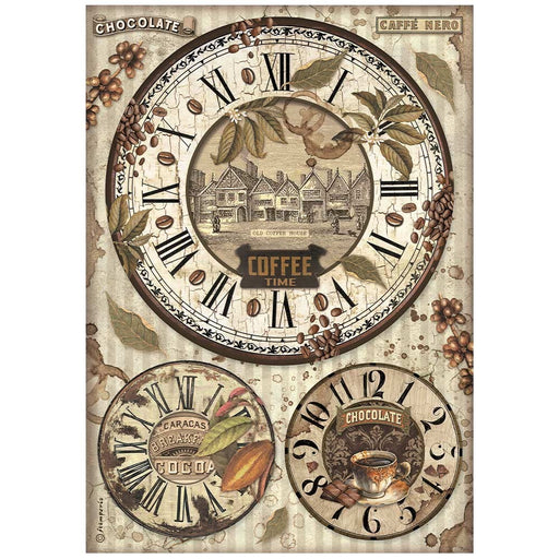 STAMPERIA A4 RICE PAPER PACKED - COFFEE AND CHOCOLATE CLOCK - DFSA4823
