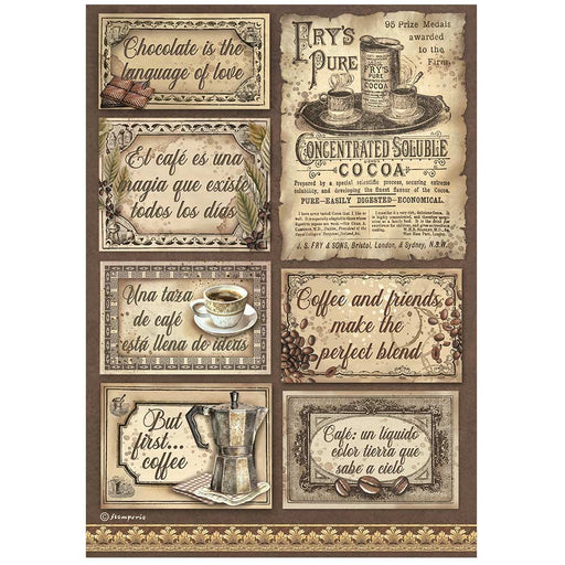 STAMPERIA A4 RICE PAPER PACKED - COFFEE AND CHOCOLATE LABEL - DFSA4826