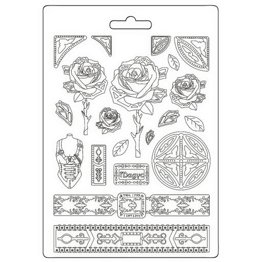 STAMPERIA SOFT MOULDS A4- SIR VAGABOND IN FANTASY WORLD MECHANICAL ROSE AND BORDERS  -K3PTA4575