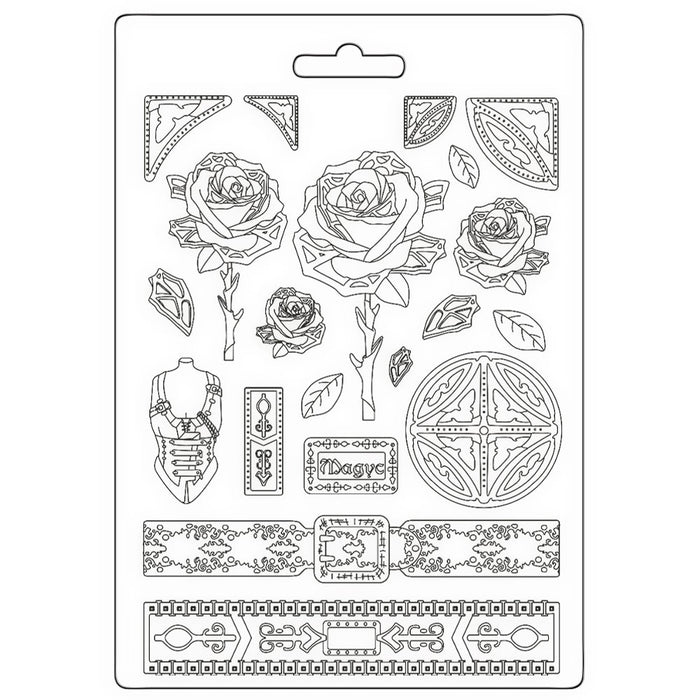 STAMPERIA SOFT MOULDS A4- SIR VAGABOND IN FANTASY WORLD MECHANICAL ROSE AND BORDERS  -K3PTA4575