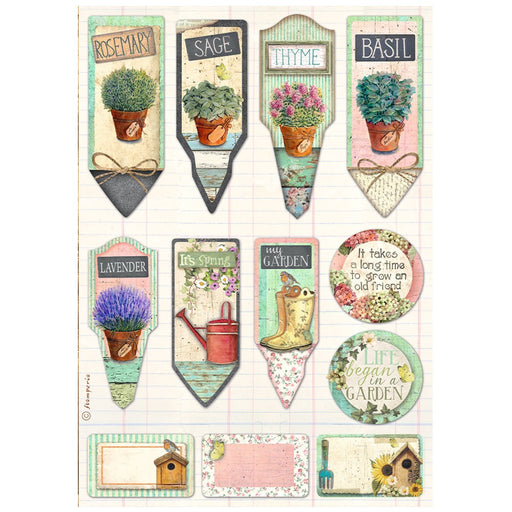 STAMPERIA A4 RICE PAPER PACKED - GARDEN TAGS AND ALBLES - DFSA4869