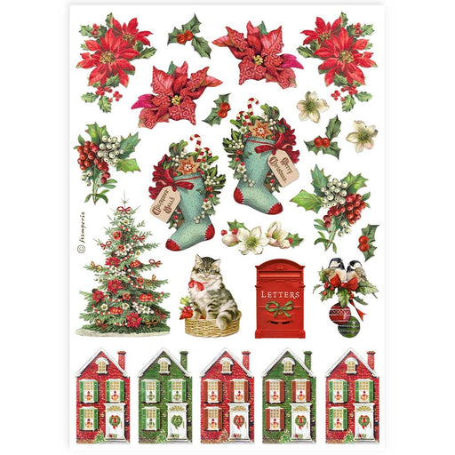 STAMPERIA A4 RICE PAPER PACKED- CLASSIC CHRISTMAS SOCKS AND HOUSES - DFSA4918