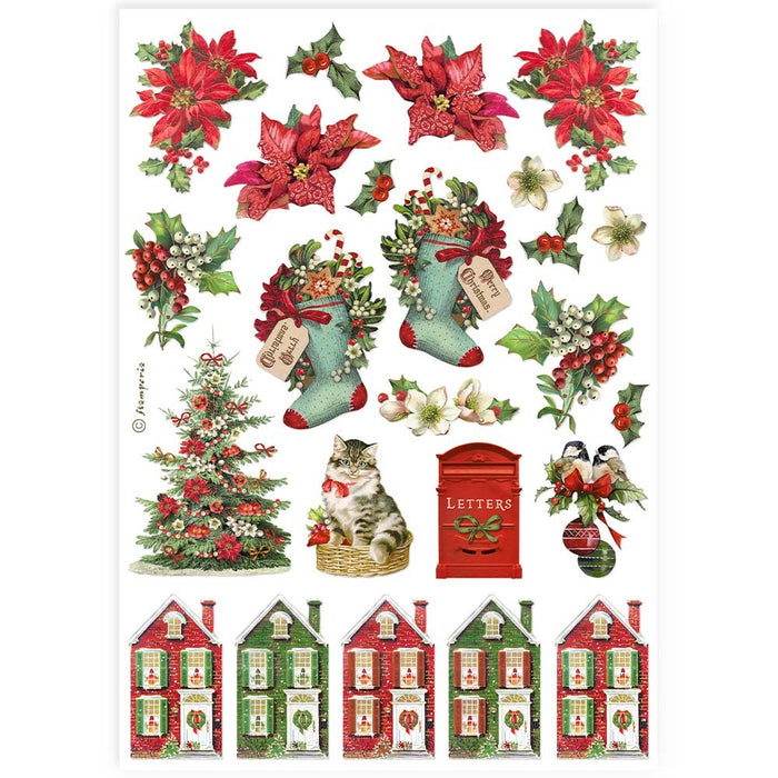 STAMPERIA A4 RICE PAPER PACKED- CLASSIC CHRISTMAS SOCKS AND HOUSES - DFSA4918