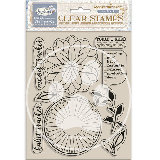 STAMPERIA RUBBER STAMP 14X18 CREATE HAPPINESS DEWDROPS HABIT TRACKERS -WTK205