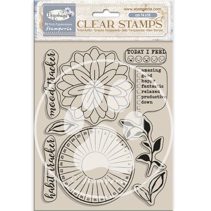 STAMPERIA RUBBER STAMP 14X18 CREATE HAPPINESS DEWDROPS HABIT TRACKERS -WTK205
