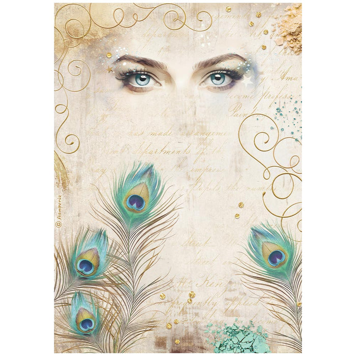 STAMPERIA A4 RICE PAPER PACKED- MASQUERADE EYES AND FEATHERS -DFSA4984