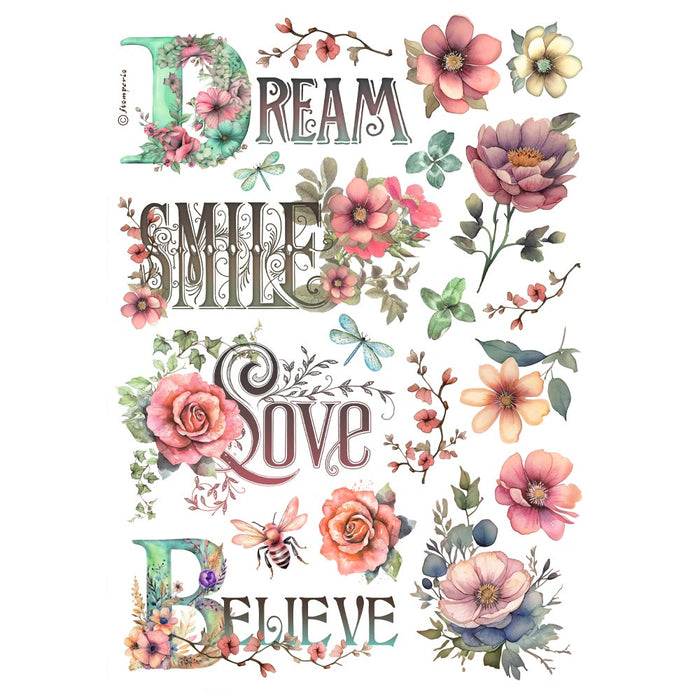 STAMPERIA A4 RICE PAPER PACKED- DREAM SMILE LOVE BELIEVE -DFSA4992