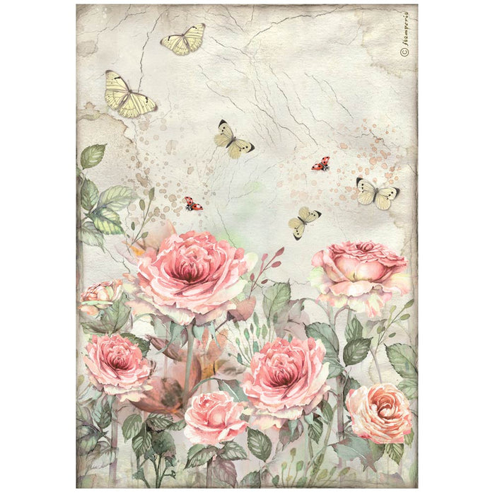 STAMPERIA A4 RICE PAPER PACKED- HOUSE OF ROSES ROSES AND BUTTERFLY - DFSA41019