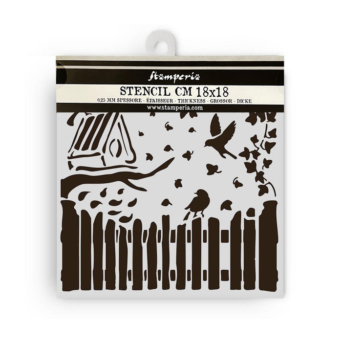 STAMPERIA STENCIL 18CM X 18CM - FENCES AND BIRDS-KSTDQ122