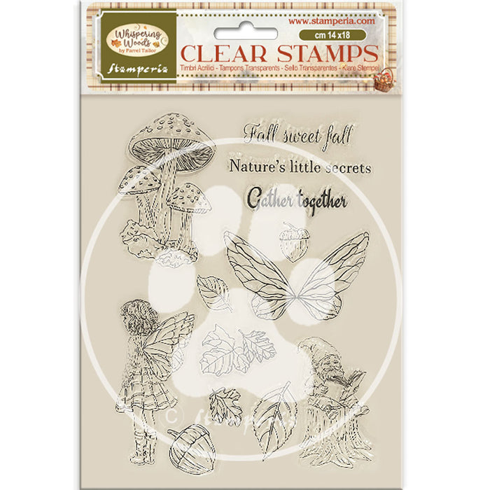 STAMPERIA RUBBER STAMP 14X18 WHISPERING WOOD MUSHROOMS AND FAIRES - WTK225