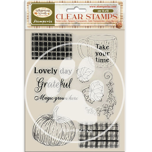 STAMPERIA RUBBER STAMP 14X18 WHISPERING WOOD CUP AND PUMPKIN - WTK226