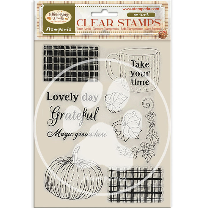 STAMPERIA RUBBER STAMP 14X18 WHISPERING WOOD CUP AND PUMPKIN - WTK226