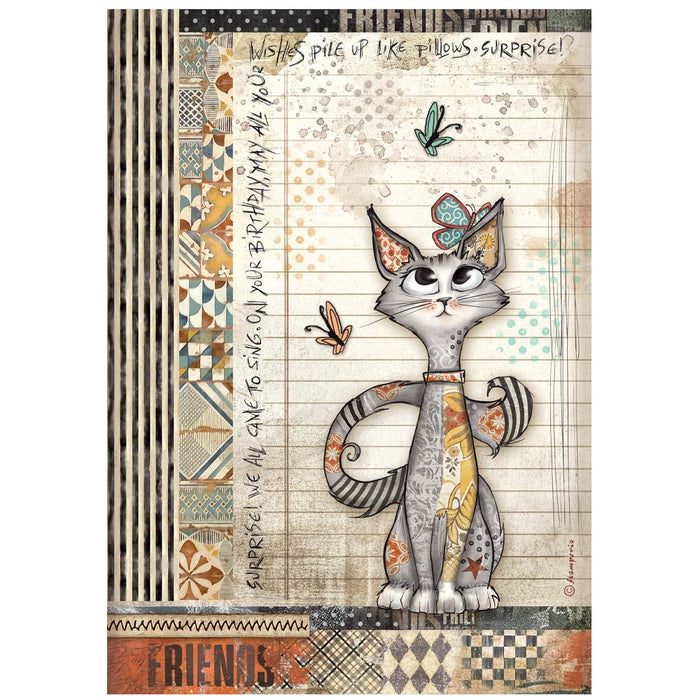 STAMPERIA A4 RICE PAPER PACKED FURRY FRIENDS CAT AND BUTTERFLY - DFSA41067