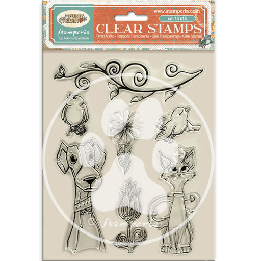 STAMPERIA RUBBER STAMP 14X18 FURRY FRIENDS DOG,CAT, FLOWERS - WTK228