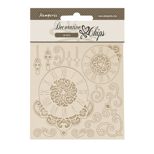 STAMPERIA DEC CHIPS 14 X 14CM QUIET DAYS CLOCK AND SWIRLS - SCB276