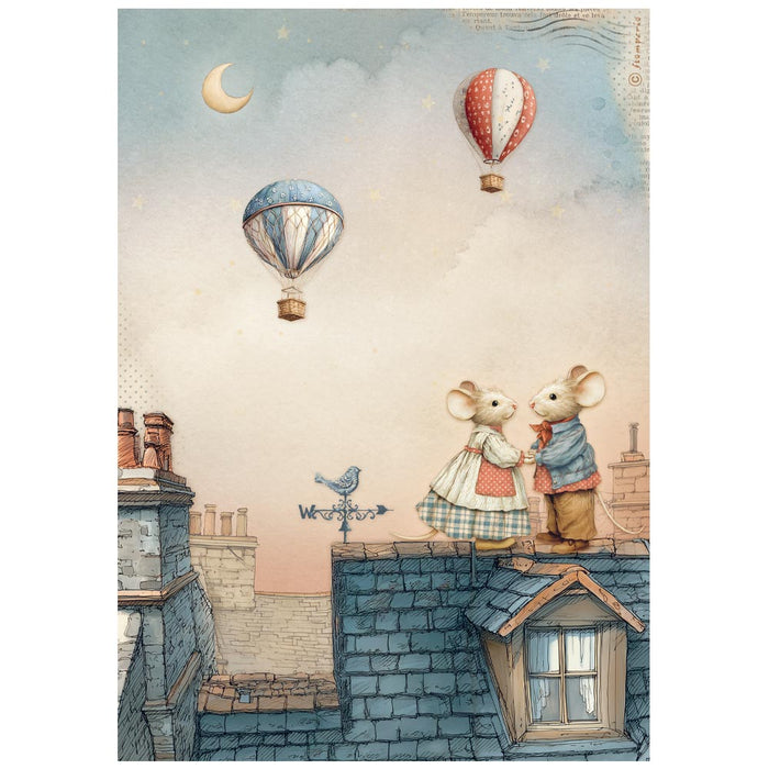 STAMPERIA A4 RICE PAPER PACKED FAMILY MICE ON THE ROOF - DFSA41084 (  NOW SHIPPING LATE JAN 26)