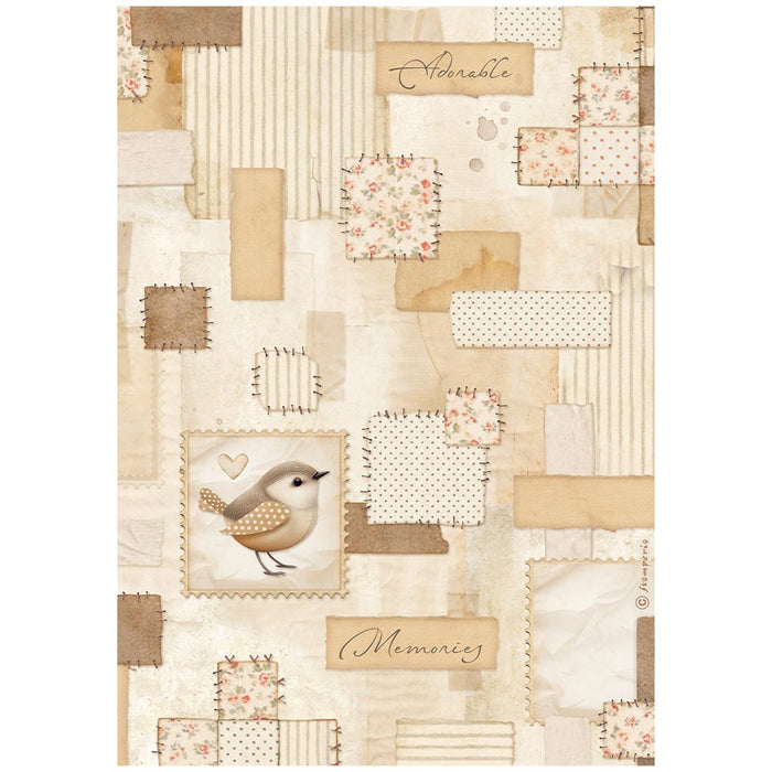 STAMPERIA A4 RICE PAPER PACKED BABY PATCHWORK BIRD - DFSA41091 (  NOW SHIPPING LATE JAN 26)