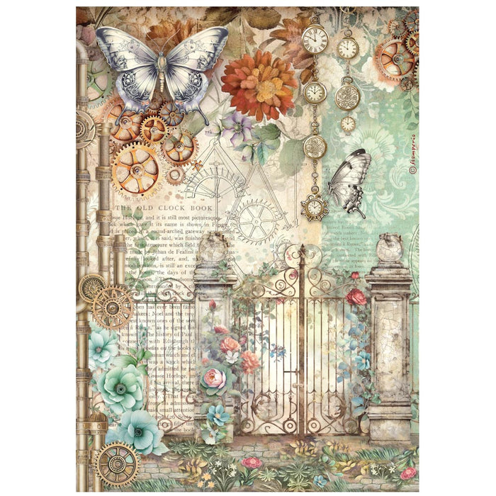STAMPERIA A4 RICE PAPER PACKED GARDENS OF TIME GATE AND BUTTERFLY - DFSA41115( PRE ORDER NOW SHIPPING LATE APRIL 2026)