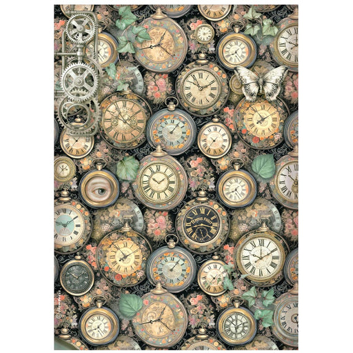 STAMPERIA A4 RICE PAPER PACKED GARDENS OF TIME CLOCK PATTEN - DFSA41116( PRE ORDER NOW SHIPPING LATE APRIL 2026)