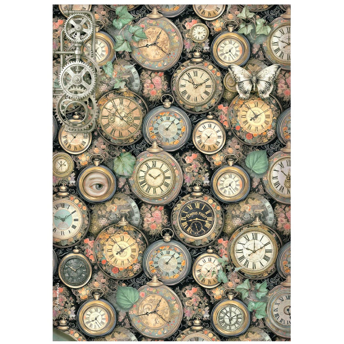 STAMPERIA A4 RICE PAPER PACKED GARDENS OF TIME CLOCK PATTEN - DFSA41116( PRE ORDER NOW SHIPPING LATE APRIL 2026)