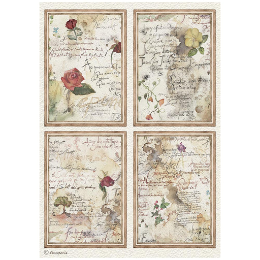 STAMPERIA A4 RICE PAPER PACKED FLOWERS AND POEMS 4 CARDS -DFSA41159(PRE ORDER NOW SHIPPING IN LATER OCTOBER 2026)