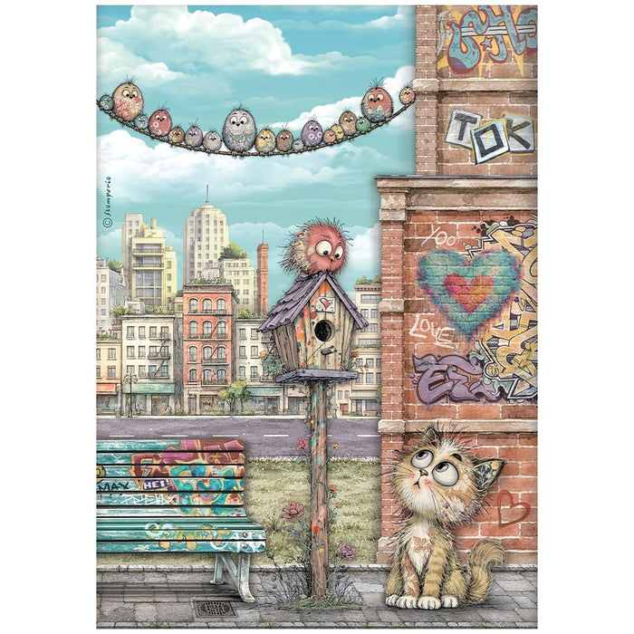 STAMPERIA A4 RICE PAPER PACKED FURRY FRIENDS 2 CAT AND BIRDS - DFSA41171(PRE ORDER NOW SHIPPING IN LATER OCTOBER 2026)