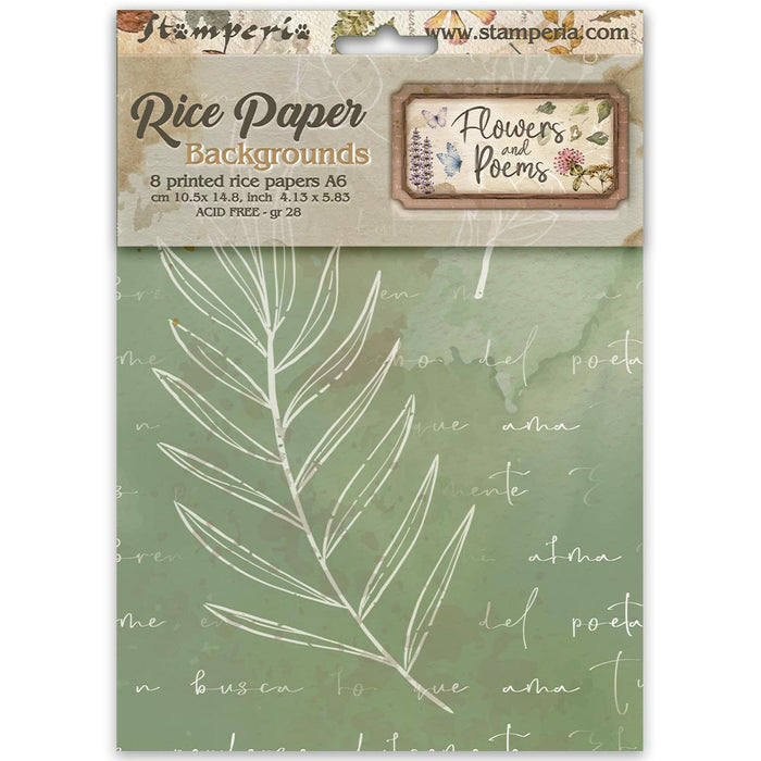 STAMPERIA RICE A6 8 SHEETS BACKGROUND FLOWERS AND POEMS - DFSAK6062(PRE ORDER NOW SHIPPING IN LATER OCTOBER 2026)
