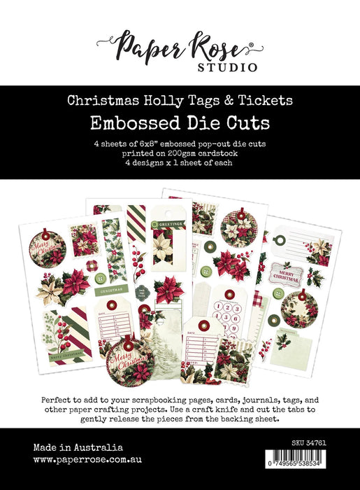 PAPER ROSE CHRISTMAS HOLLY TAGS AND TICKETS EMBOSSED DIE CUTS  -  35169