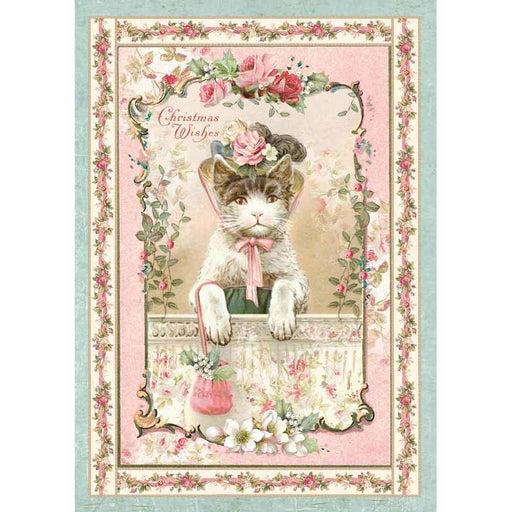 STAMPERIA A4 RICE PAPER PINK CHRISTMAS KITTEN - DFSA4312