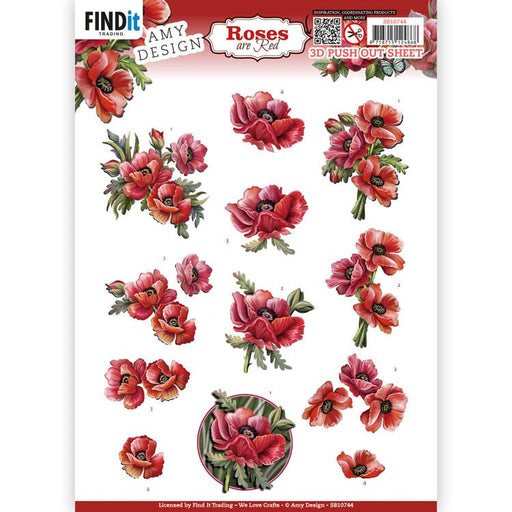 AMY DESIGN 3D PUSH OUT ROSES ARE RED POPPIES - SB10744