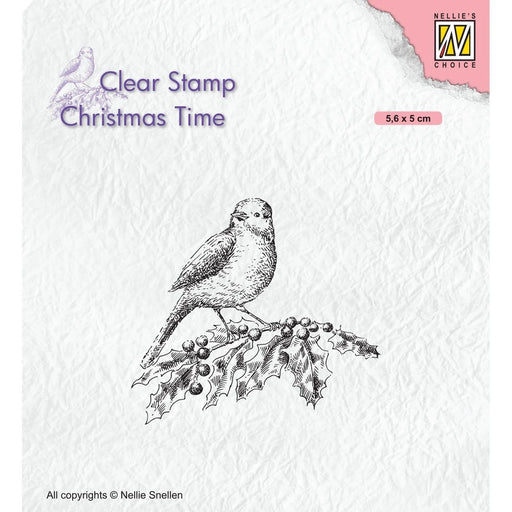 NELLIE'S CHOICE • CHRISTMAS TIME CLEAR STAMPS BIRD ON HOLLYBRANCH -CT032
