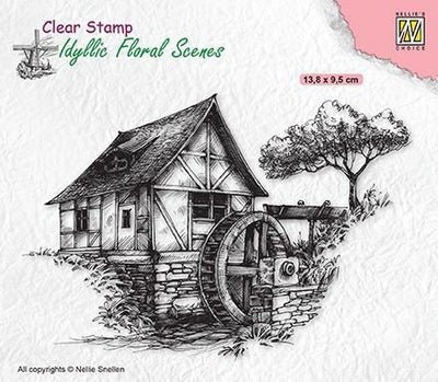 IDYLLIC FLORAL SCENE STAMP WATER-MILL - IFS028