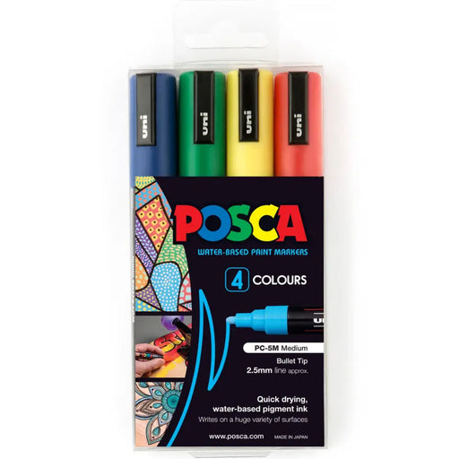 POSCA PC-5BR ASSORTED COLOURS PAINT MARKER BRUSH TIP WALLET OF 4 - PC5BR4PASS