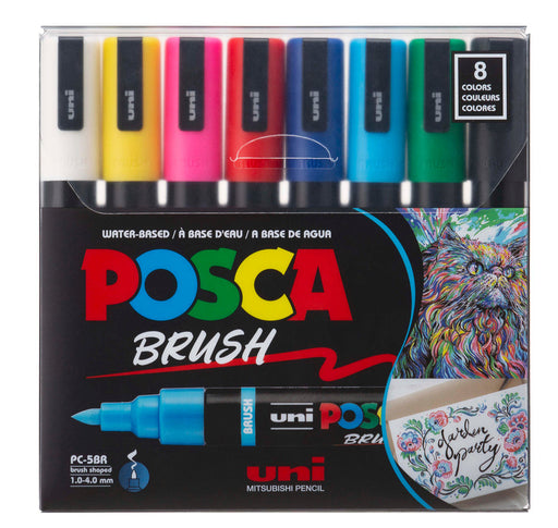 POSCA PC-5BR ASSORTED COLOURS PAINT MARKER BRUSH TIP WALLET OF 8
